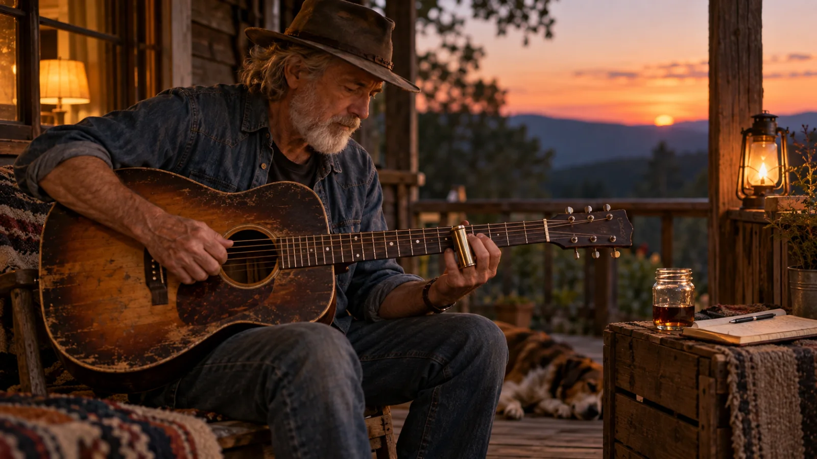 An older musician on a wooden porch at dusk playing a weathered acoustic guitar with a glass bottleneck slide on one finger, a glass jar and an open notebook on a wooden crate beside him, in warm amber light
