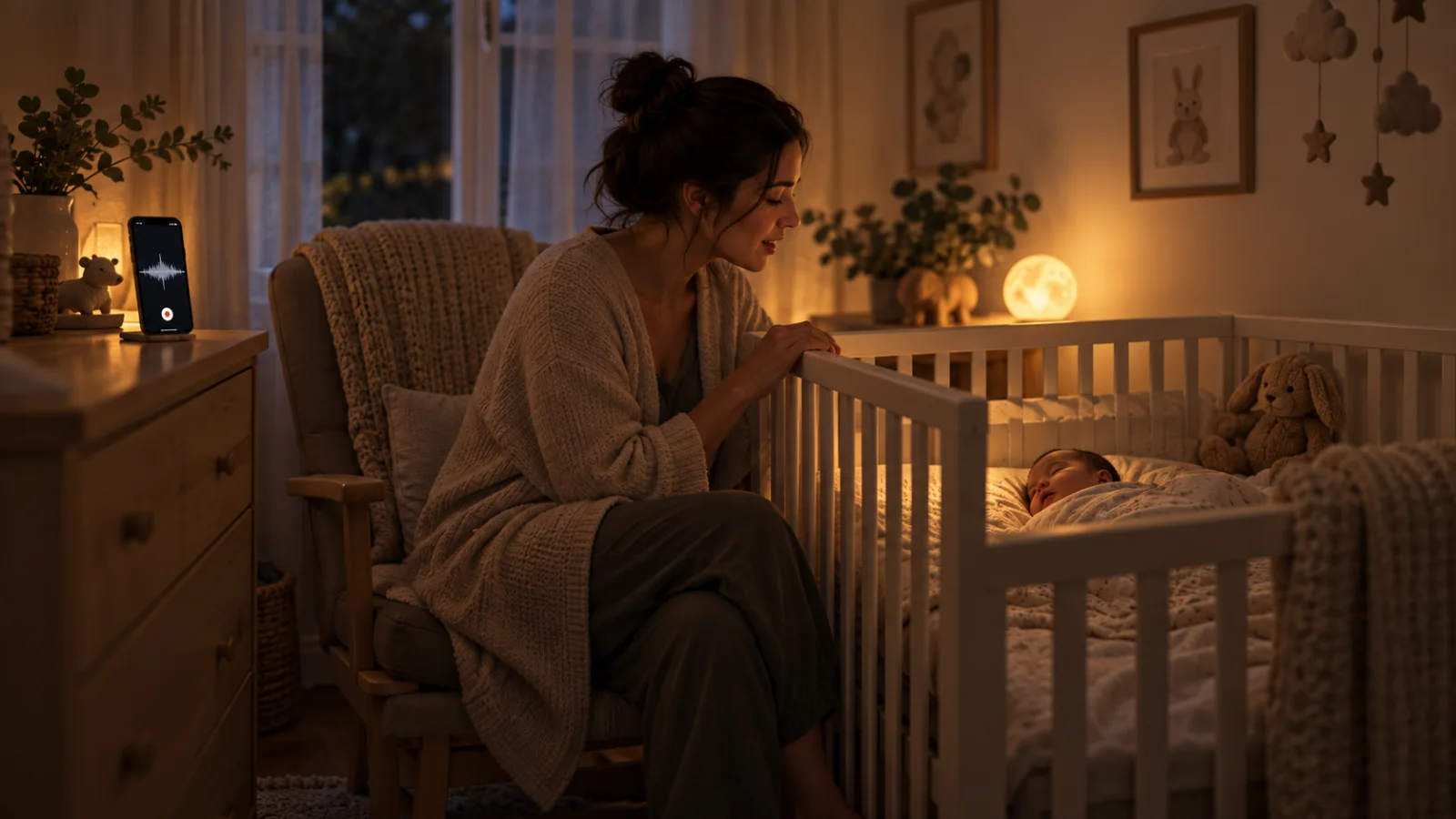 A parent sits in a dim nursery softly singing to a baby in a crib, a small nightlight glowing and a phone on the dresser recording, with an abstract waveform on its screen, in very soft, warm low light