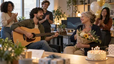 A small office farewell party by the window: a colleague playing a six-string acoustic guitar sings to a smiling older coworker holding a bouquet, while colleagues clap behind them near balloons, and a cake with candles sits on a desk