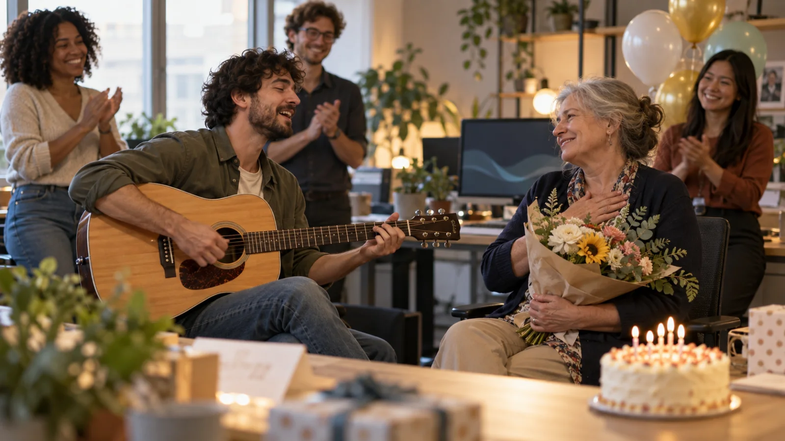 A small office farewell party by the window: a colleague playing a six-string acoustic guitar sings to a smiling older coworker holding a bouquet, while colleagues clap behind them near balloons, and a cake with candles sits on a desk