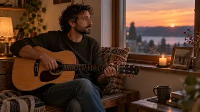 A person sits alone on a wooden bench by a window at dusk with an acoustic guitar resting on their lap, an old framed photograph and a lit candle on the sill in soft focus, in gentle warm light