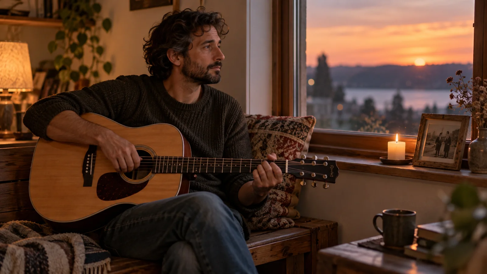 A person sits alone on a wooden bench by a window at dusk with an acoustic guitar resting on their lap, an old framed photograph and a lit candle on the sill in soft focus, in gentle warm light