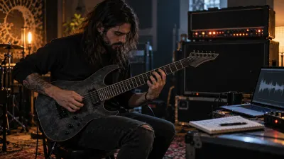 A metal guitarist in a dim rehearsal room playing a seven-string electric guitar, fretting hand on the low strings, a large amp stack with glowing lights behind him, a laptop on a stand showing abstract waveform shapes and a notebook with dark handwritten lines, in moody low light