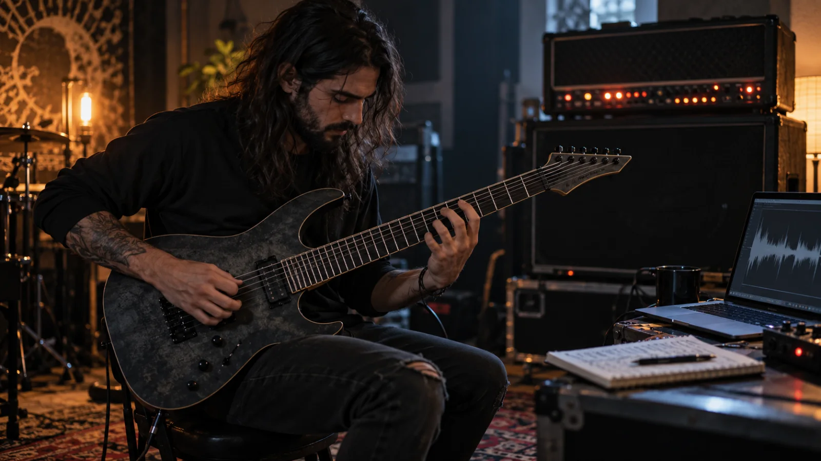 A metal guitarist in a dim rehearsal room playing a seven-string electric guitar, fretting hand on the low strings, a large amp stack with glowing lights behind him, a laptop on a stand showing abstract waveform shapes and a notebook with dark handwritten lines, in moody low light