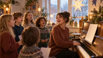 A small group of children and their teacher singing around an upright piano in a classroom decorated with paper stars and a fir branch, a handwritten song sheet with no readable text on the music stand, in warm late-afternoon light