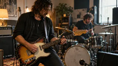 A rock band in a rehearsal room in the middle of a riff, the guitarist and the drummer locked in with each other, amps, cables and pedals on the floor, lit by energetic warm light