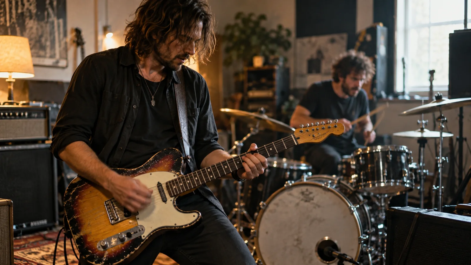 Una banda de rock en un local de ensayo en mitad de un riff, guitarra y batería perfectamente compenetradas, con amplificadores, cables y pedales por el suelo bajo una luz cálida y enérgica