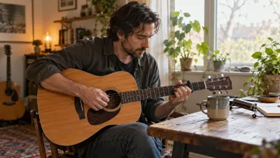 A songwriter fingerpicks an acoustic guitar by a window lined with plants, a harmonica holder resting on the table in calm morning light