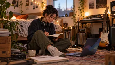 A songwriter sits on the floor of a bedroom studio with fairy lights, a notebook on their knees and headphones around their neck, next to a small synth keyboard and an electric guitar on a stand, a laptop showing abstract shapes, soft evening light