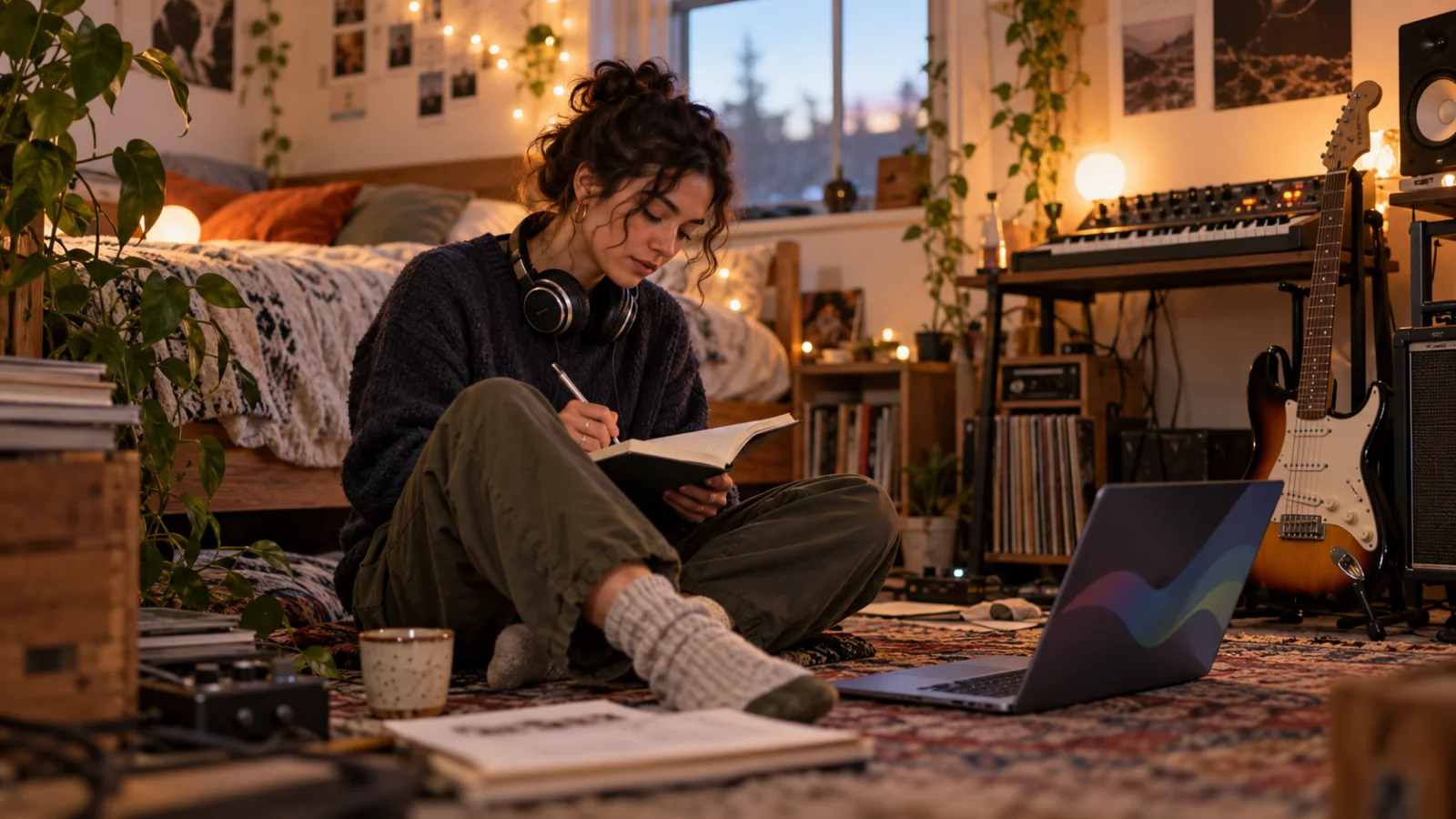 A songwriter sits on the floor of a bedroom studio with fairy lights, a notebook on their knees and headphones around their neck, next to a small synth keyboard and an electric guitar on a stand, a laptop showing abstract shapes, soft evening light