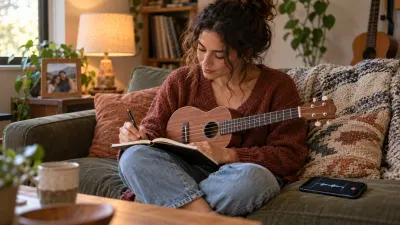 A person on a sofa writes in a notebook with a ukulele on their lap, a framed photo of two people slightly out of focus on the side table and a phone recording on the cushion, in soft afternoon light