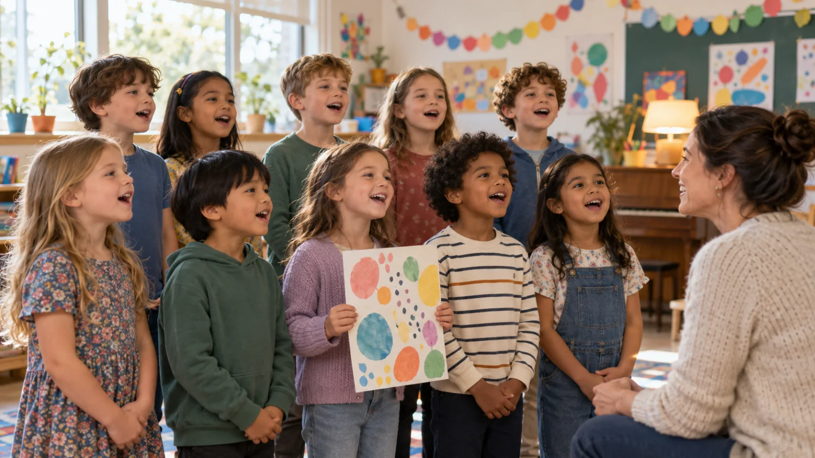About ten primary-school children stand in two rows in a classroom and sing to their smiling teacher, one child holds up a big hand-drawn card with no readable text, and paper garlands hang on the wall in bright daylight