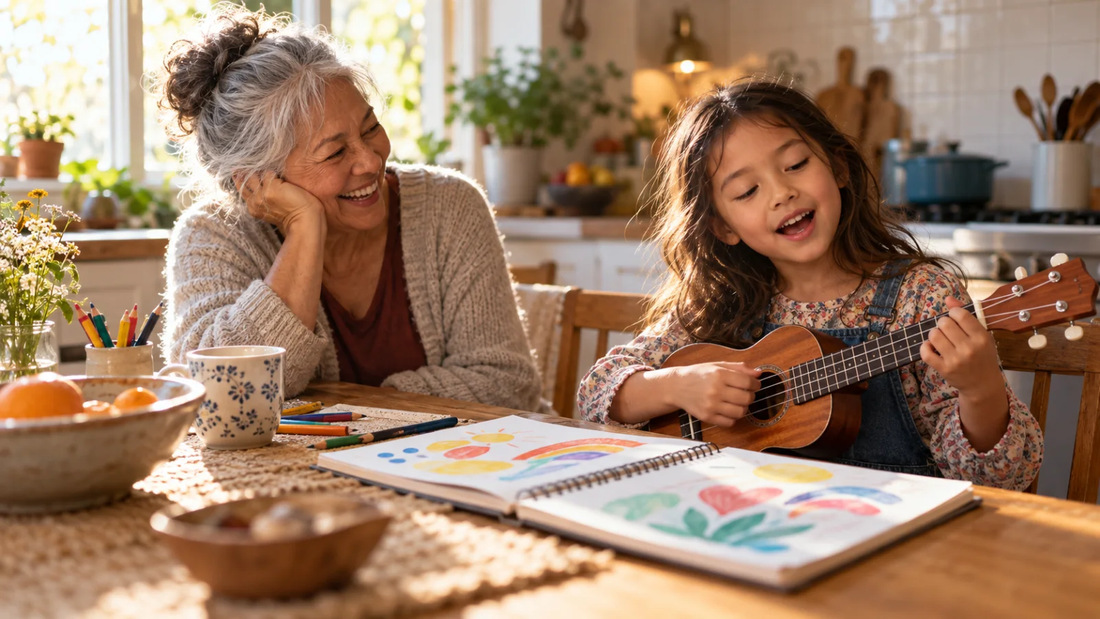 A grandmother and a child sitting together at a kitchen table, the child holding a small four-string ukulele and singing while the grandmother laughs, a notebook with colorful drawings open between them, in warm daylight