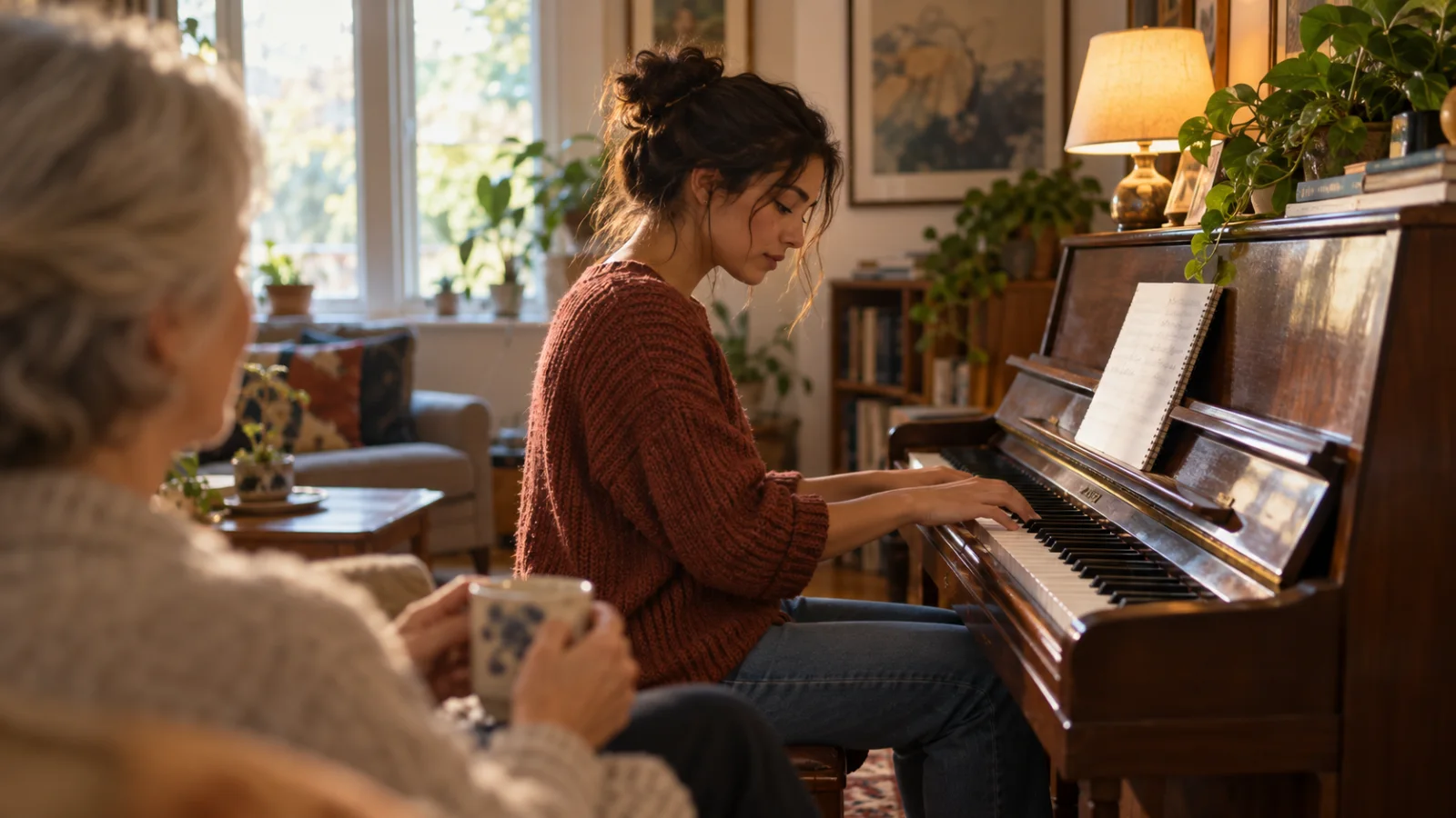 A young adult plays the piano in a family living room, an older woman's hands holding a mug in the foreground slightly out of focus, a notebook of handwritten lines resting on the piano, in soft natural light