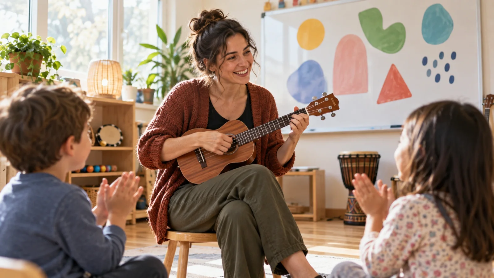 A music teacher with a four-string ukulele sits on a low chair in a bright classroom, two children clapping in soft focus and a whiteboard covered only in colorful abstract shapes, in daylight