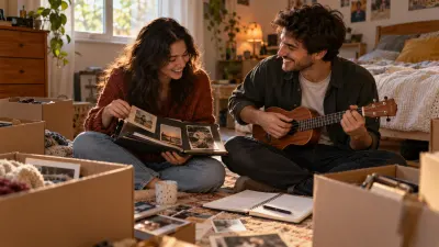 Two adult siblings laugh on the floor of their old childhood bedroom among open cardboard boxes, one holding a photo album and the other a ukulele, with a notebook of scribbled lyric lines between them in soft window light