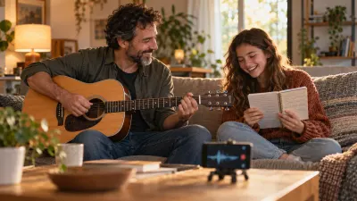 A parent plays an acoustic guitar on a living-room sofa while their teenage child laughs reading lyrics from a notebook, a phone on the coffee table records them, in warm afternoon light