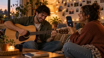 Two friends in their twenties laugh on a sofa, one strumming an acoustic guitar while the other records them on a phone that shows a waveform, with fairy lights and a wall of polaroids softly blurred behind them in warm evening light
