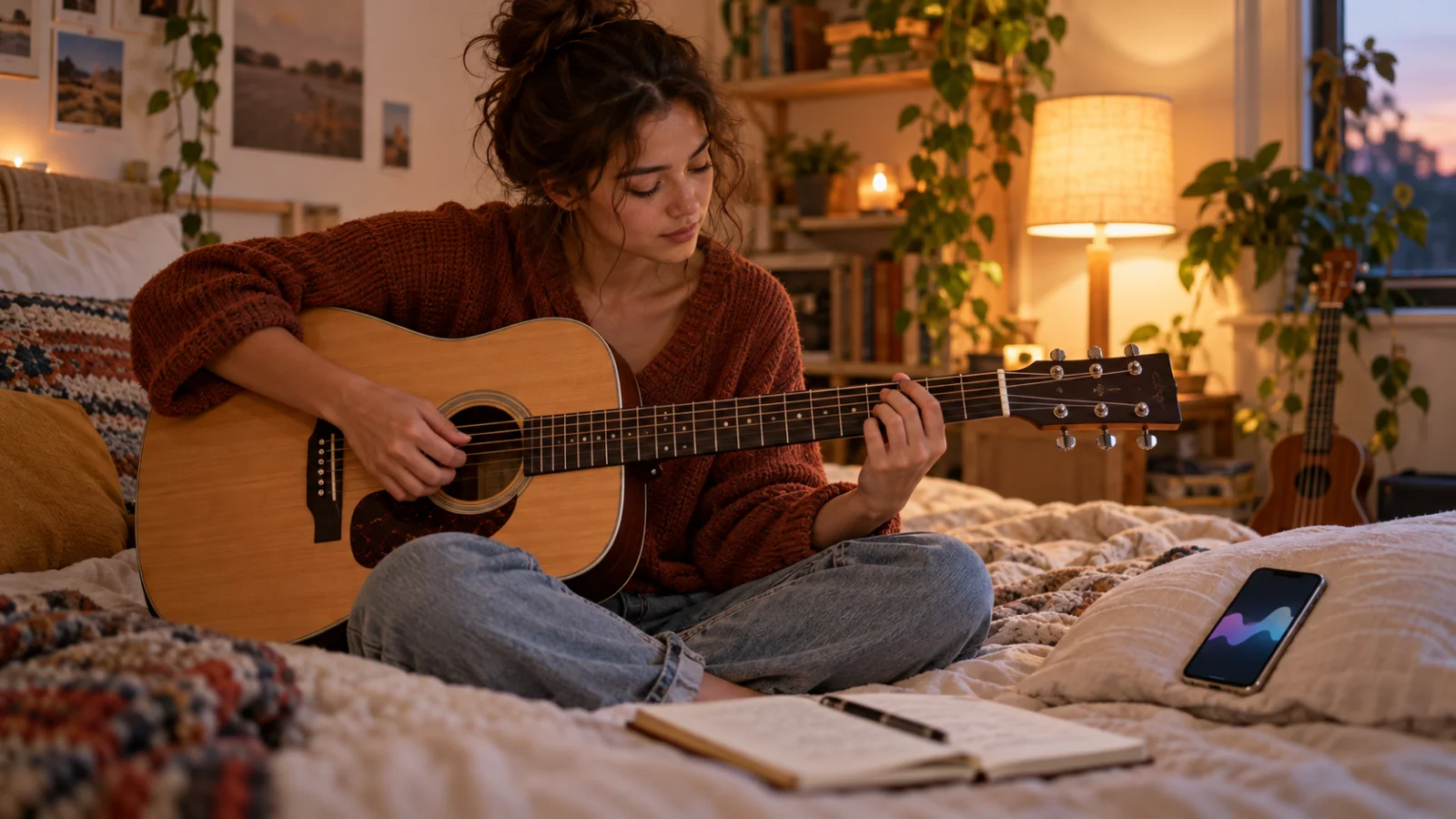 A young person sits on a bed with an acoustic guitar, a phone on the pillow showing a video call screen and a notebook of handwritten lines beside them, in soft evening lamp light