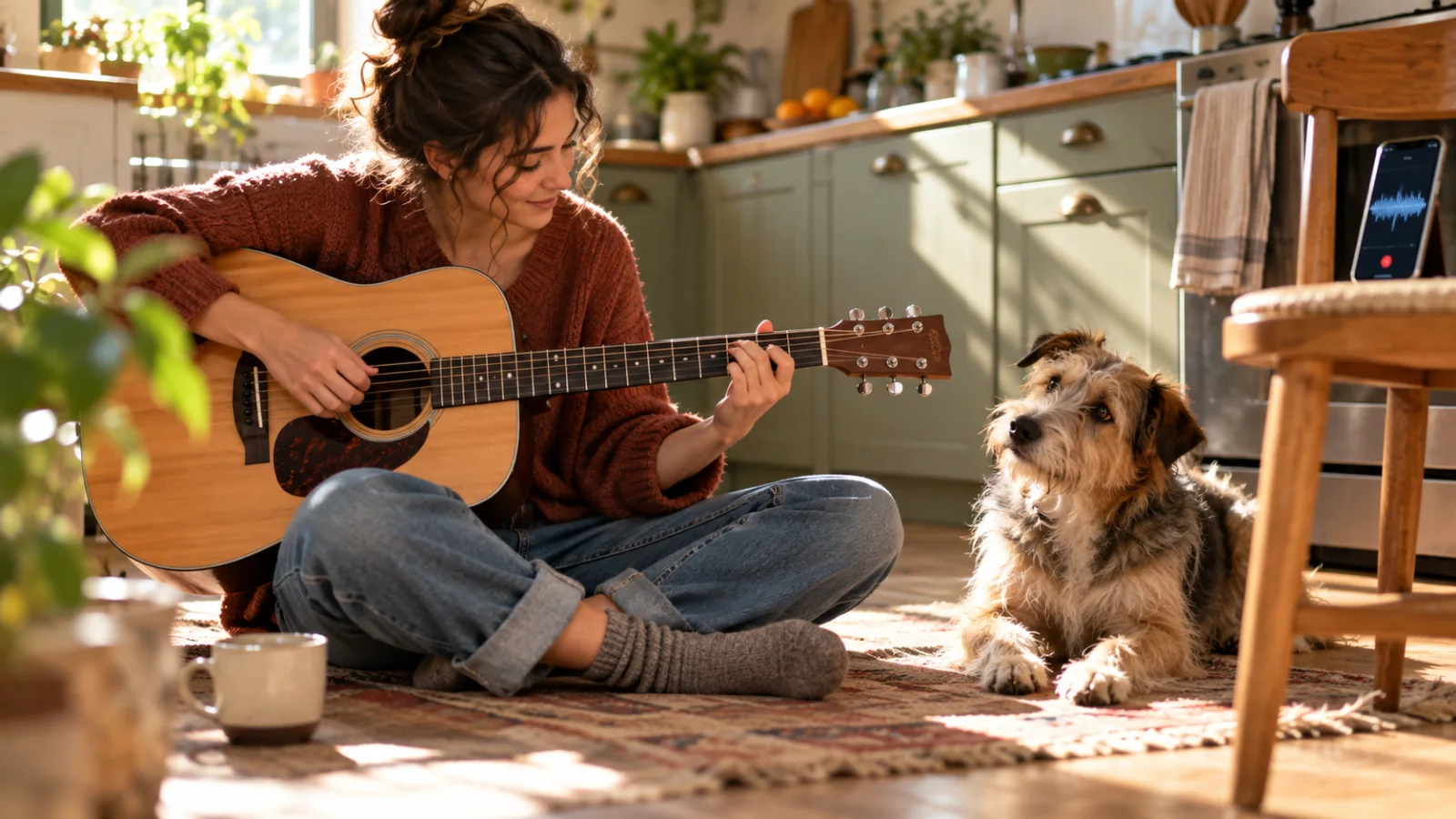 A person sitting cross-legged on a sunny kitchen floor strumming an acoustic guitar while a scruffy medium-sized dog tilts its head and listens, a phone propped on a chair recording the moment in warm morning light