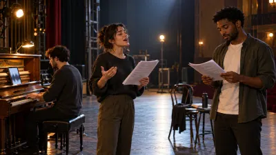 An empty small theater stage during a rehearsal: a pianist at an upright piano to one side and two young performers reading a script covered in pencil marks, one of them singing mid-gesture, under work lights and a ghost light, with warm and cool light mixed