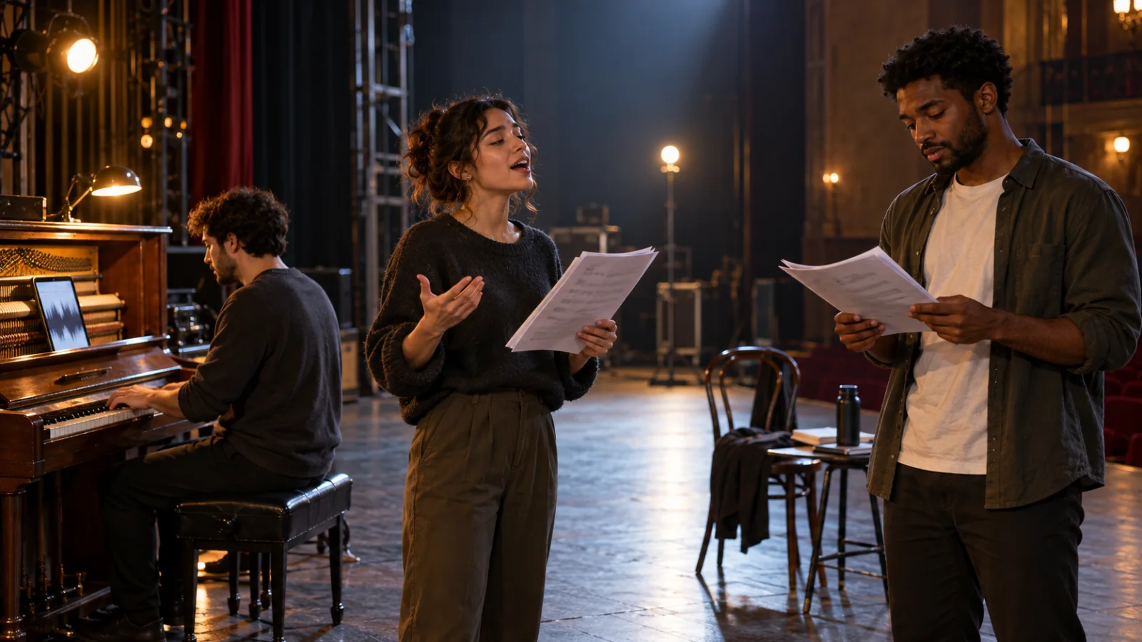 An empty small theater stage during a rehearsal: a pianist at an upright piano to one side and two young performers reading a script covered in pencil marks, one of them singing mid-gesture, under work lights and a ghost light, with warm and cool light mixed