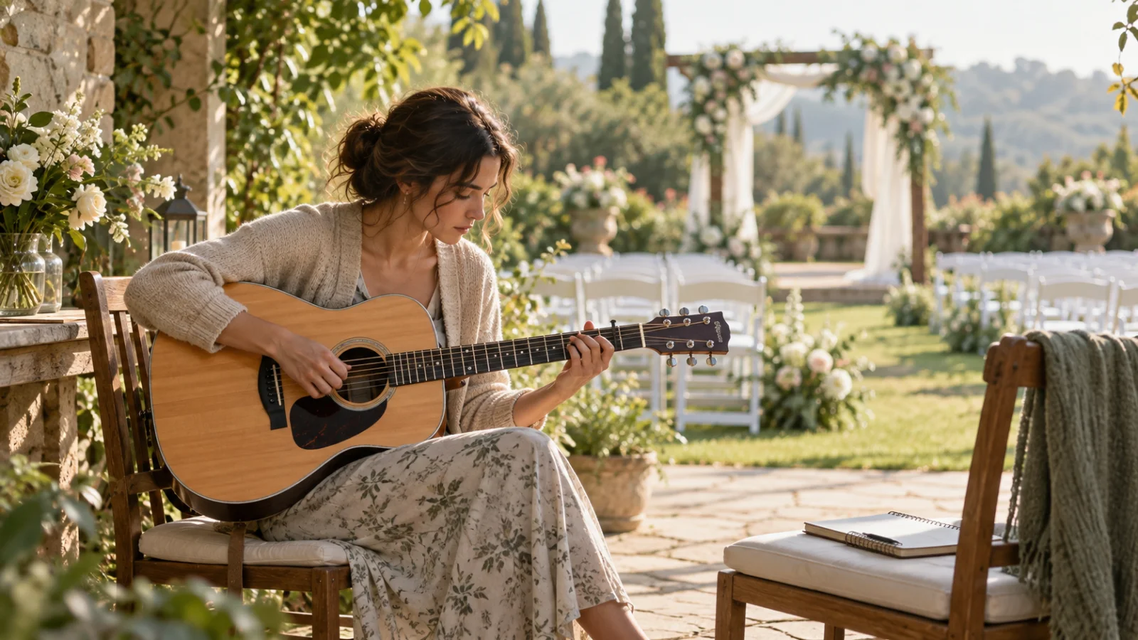A musician practices with an acoustic guitar in a quiet garden venue the morning before a wedding, rows of empty white chairs and flowers in soft focus behind, a notebook resting on a chair beside them, in gentle morning light