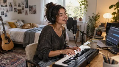 A young songwriter in a bright bedroom studio sings a hook into a microphone with a smile, a small keyboard and an open laptop on the desk in front of them