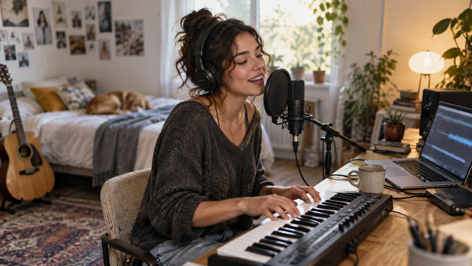 Una persona joven que compone canta un estribillo al micrófono con una sonrisa en un estudio casero luminoso, con un teclado pequeño y un portátil abierto sobre la mesa