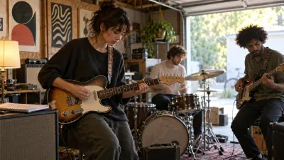 A young three-piece band rehearsing in a cramped garage: the guitarist strums a worn electric guitar, the drummer is out of focus behind, abstract posters on the walls, a notebook with scribbled lines on an amp and daylight through the open door