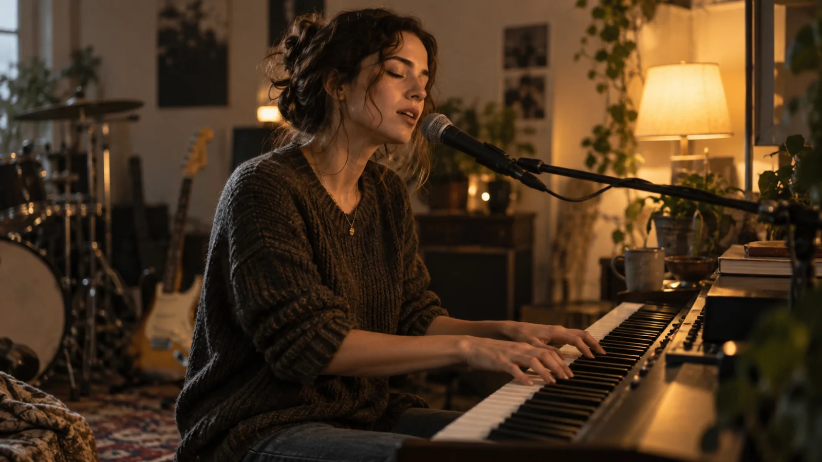 A singer-songwriter at an electric piano in a dim, cozy room, singing softly with eyes closed, lit by warm amber light