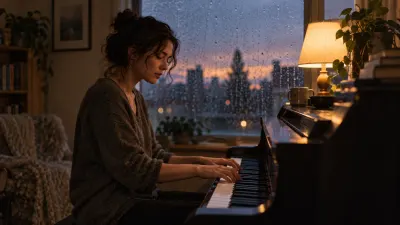 A pianist playing softly at dusk in a dim room lit by a single lamp, with rain running down the window behind the piano