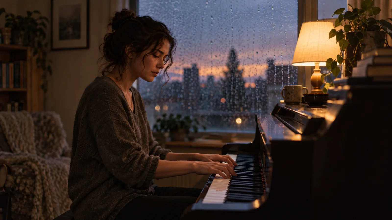 Eine Pianistin spielt in der Abenddämmerung leise in einem dunklen Zimmer, das nur eine Lampe erhellt, während Regen an der Fensterscheibe herunterläuft