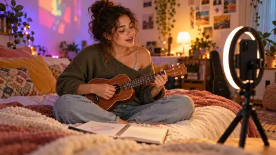 A young songwriter sits on a bed and films a short clip of themself singing with a ukulele in front of a phone on a small tripod with a ring light, a notebook with one circled line lies open beside them, in playful colorful light