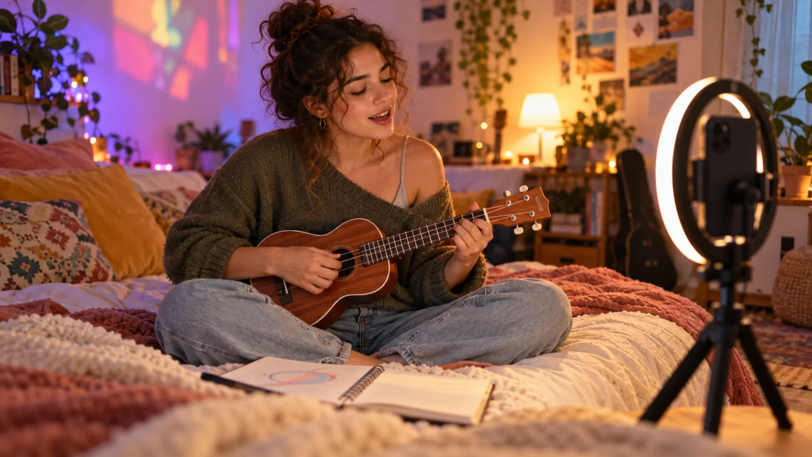A young songwriter sits on a bed and films a short clip of themself singing with a ukulele in front of a phone on a small tripod with a ring light, a notebook with one circled line lies open beside them, in playful colorful light