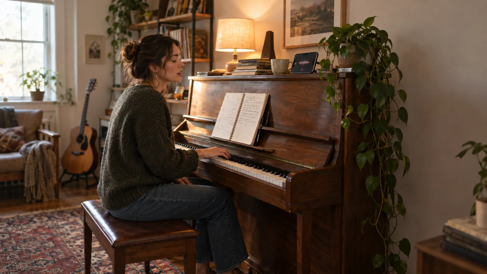 Una cantautrice suona un pianoforte verticale in un salotto accogliente, con dei fogli aperti sul leggio