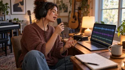 A singer at home wearing wired headphones sings into a phone held at mouth height, with a laptop nearby showing stacked abstract waveform lanes, in soft lamp light