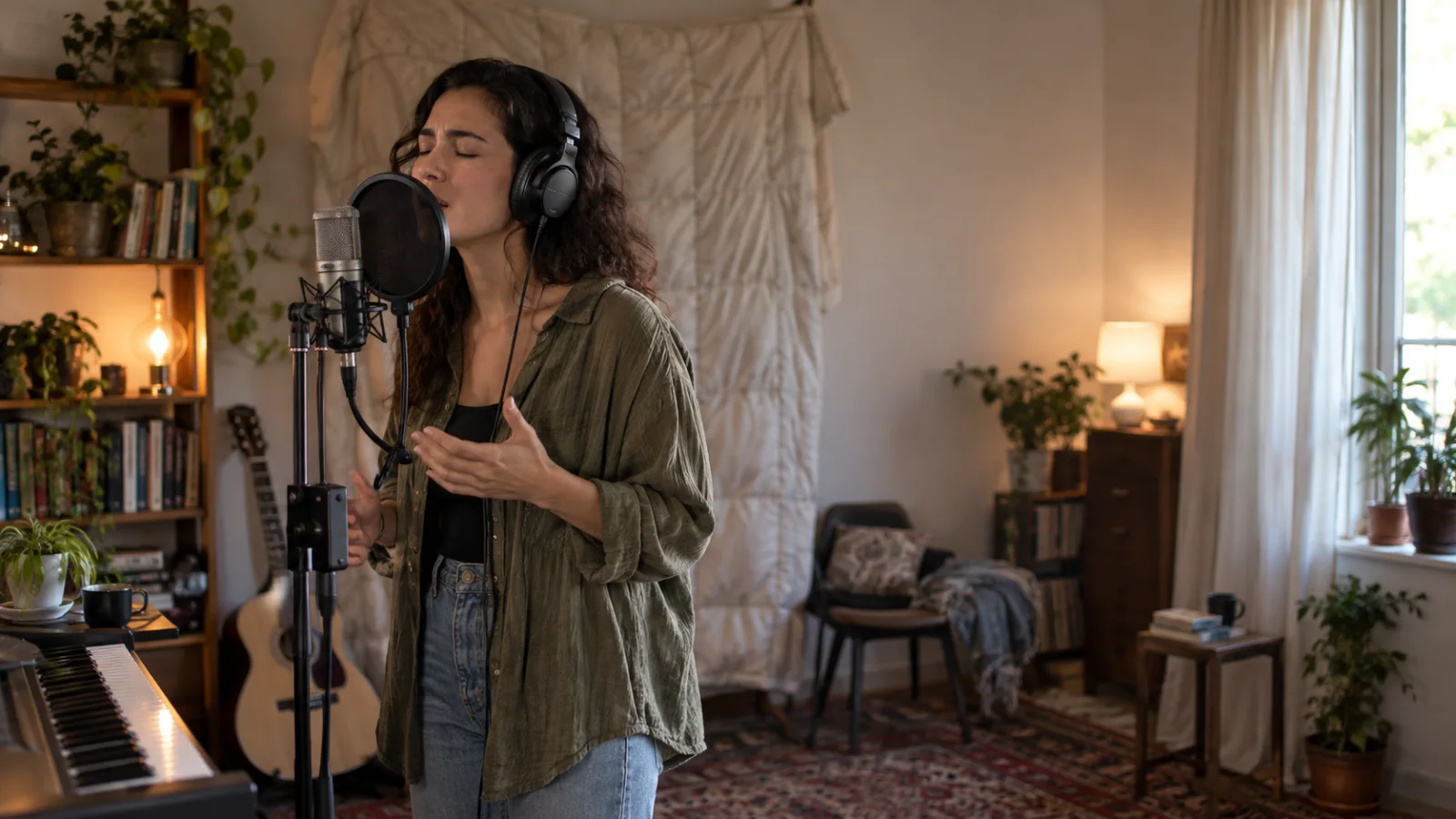 Cantant amb auriculars i els ulls tancats canta davant d’un micròfon amb filtre antipop en una habitació petita esmorteïda amb un edredó i prestatgeries de llibres