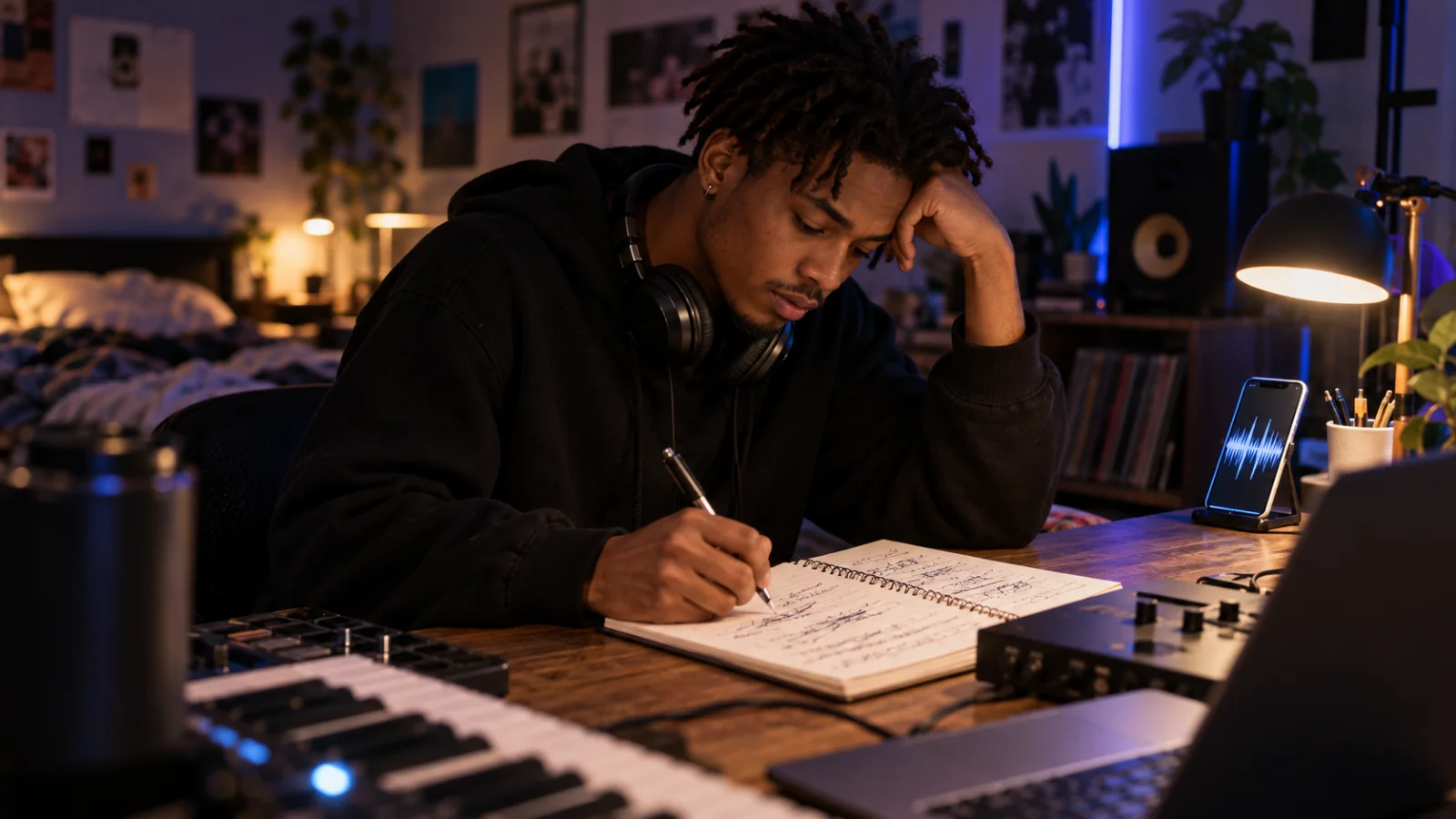 Young rapper in a dim bedroom studio writing in a spiral notebook, headphones around the neck, a phone showing a waveform propped against a desk lamp with a cool neon glow, and crossed-out lines on the page