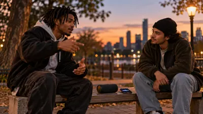 Two young rappers face each other in a park at dusk, one improvising with an expressive hand gesture while the other nods along, a small portable speaker on a bench beside a phone showing an abstract waveform, under warm streetlight