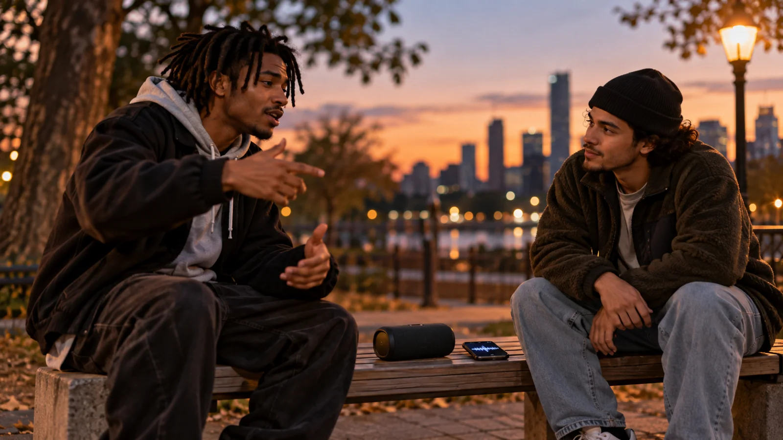 Two young rappers face each other in a park at dusk, one improvising with an expressive hand gesture while the other nods along, a small portable speaker on a bench beside a phone showing an abstract waveform, under warm streetlight
