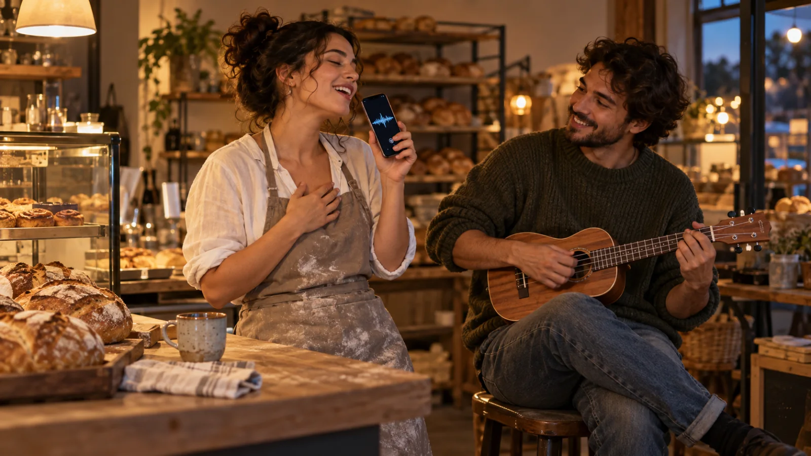A bakery owner at her shop counter after closing, humming into a phone she holds in one hand, an abstract waveform on its screen, while a friend on a stool beside her plays a four-string ukulele, bread shelves softly blurred behind them in warm evening light