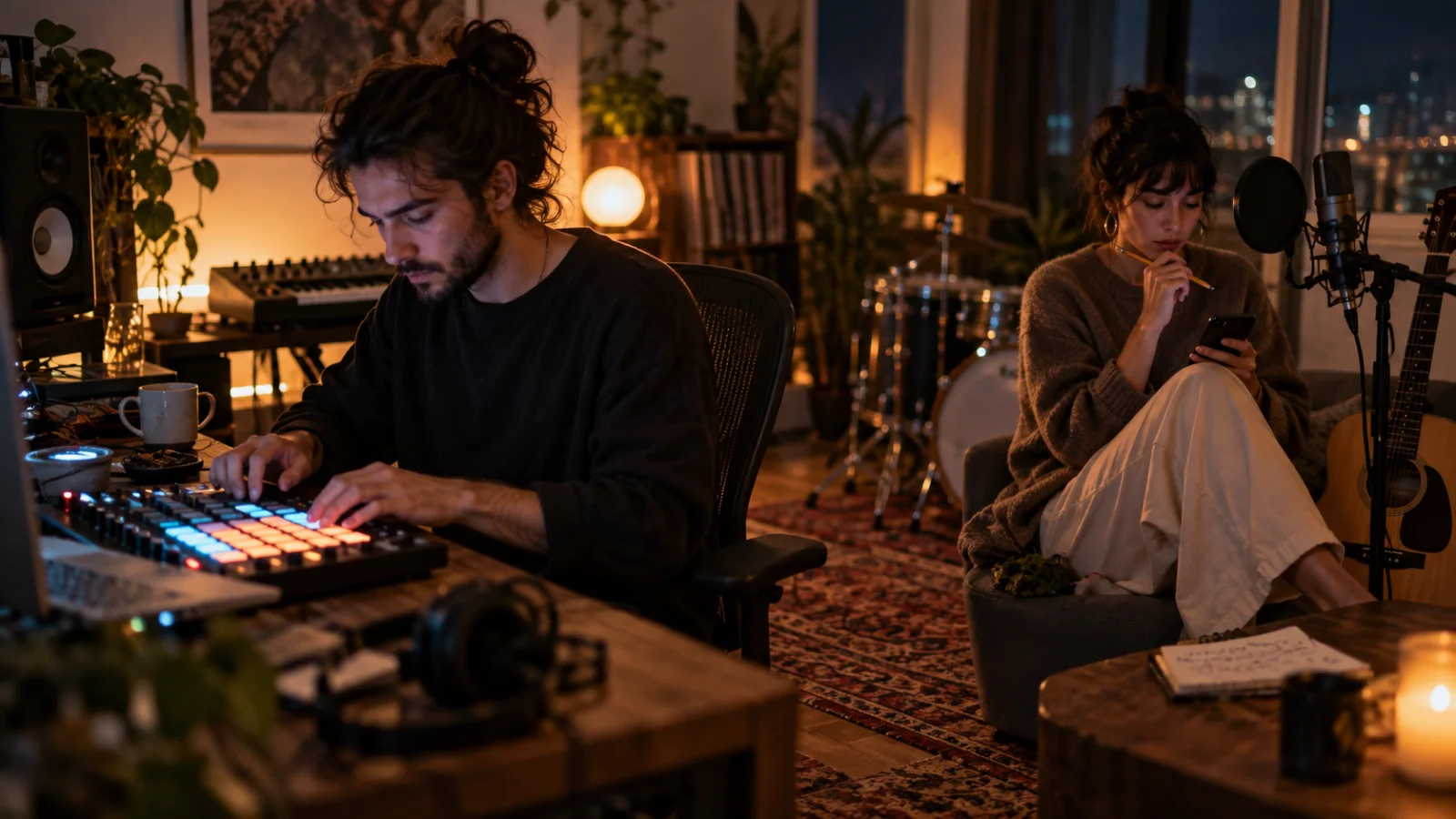 Two young people in a small home studio at night: one produces on a glowing pad controller while the other writes lyrics on a phone, lit by a warm neon accent light