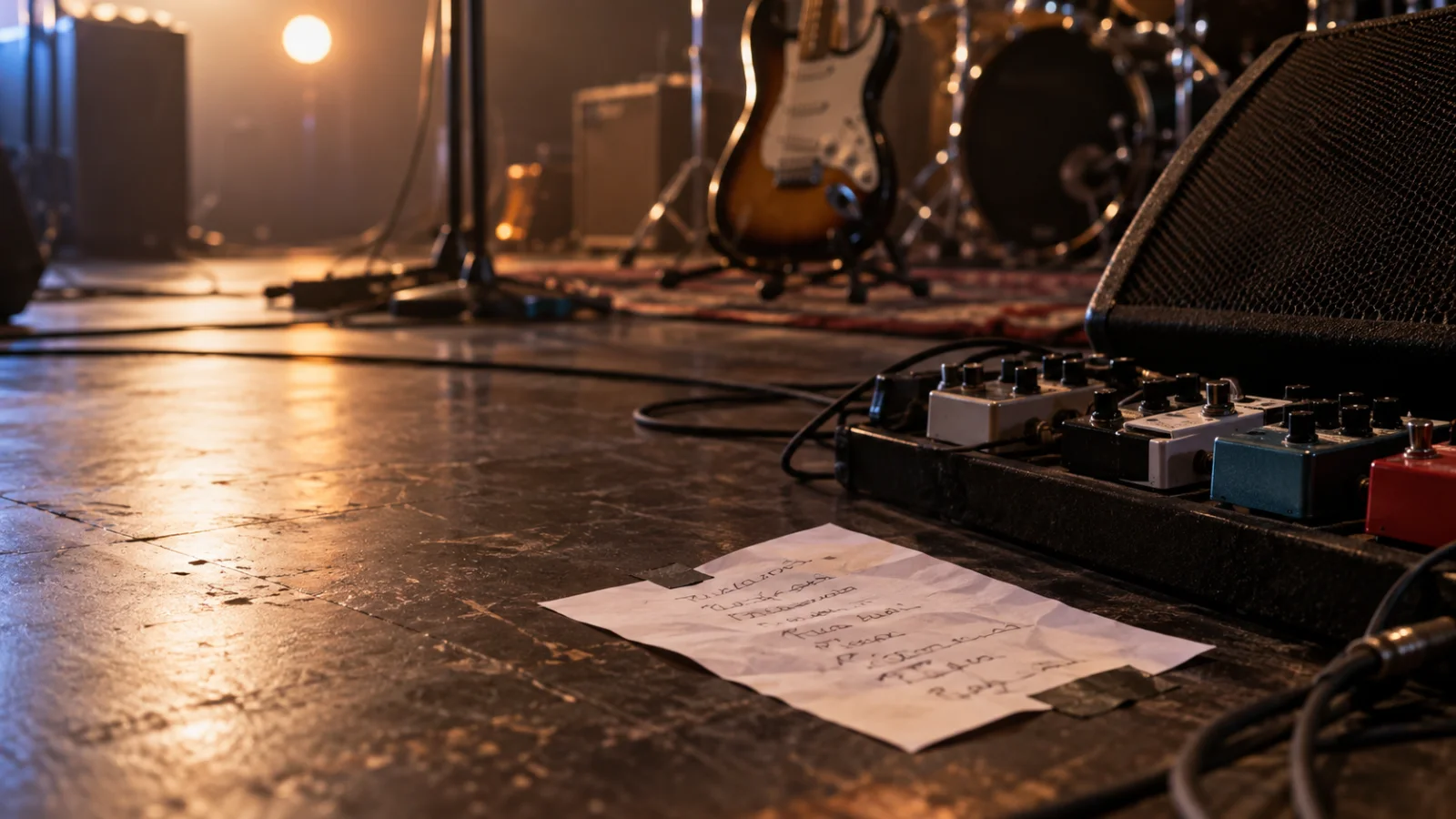 Un setlist escrit a mà i enganxat amb cinta a terra d’un escenari, al costat d’una pedalera de guitarra i d’un retorn, sota llums càlids
