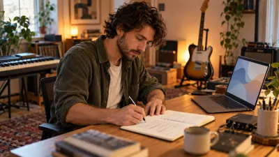A songwriter at a desk crosses out and rewrites lines in a paper notebook next to an open laptop showing only soft abstract shapes, with an electric guitar on a stand behind, lit by window light and a desk lamp