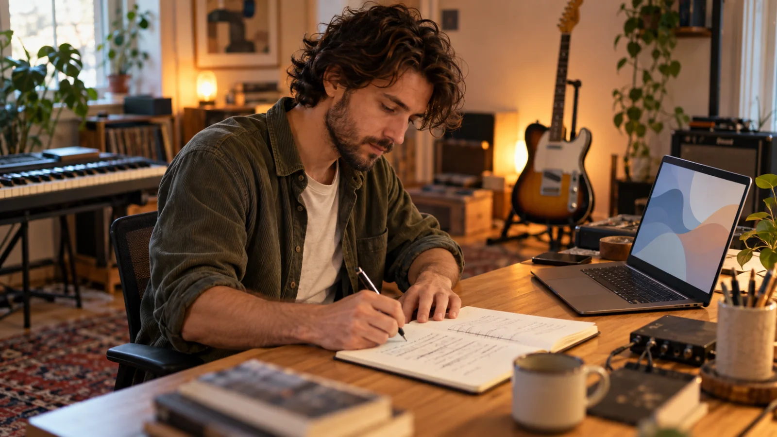A songwriter at a desk crosses out and rewrites lines in a paper notebook next to an open laptop showing only soft abstract shapes, with an electric guitar on a stand behind, lit by window light and a desk lamp