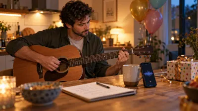 A guitarist rehearses at a kitchen table the evening before a birthday party, balloons and a wrapped gift softly blurred behind, a notebook of short handwritten lines and a phone propped against a mug recording under warm lamp light