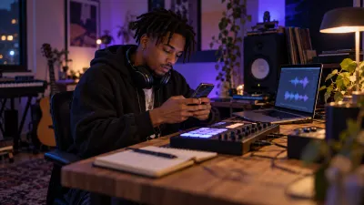 A young rapper in a home studio at night writes on a phone showing a notes screen with abstract lines, closed headphones around the neck, a small MIDI pad and a laptop with abstract waveform shapes on the desk, lit by a purple-blue lamp