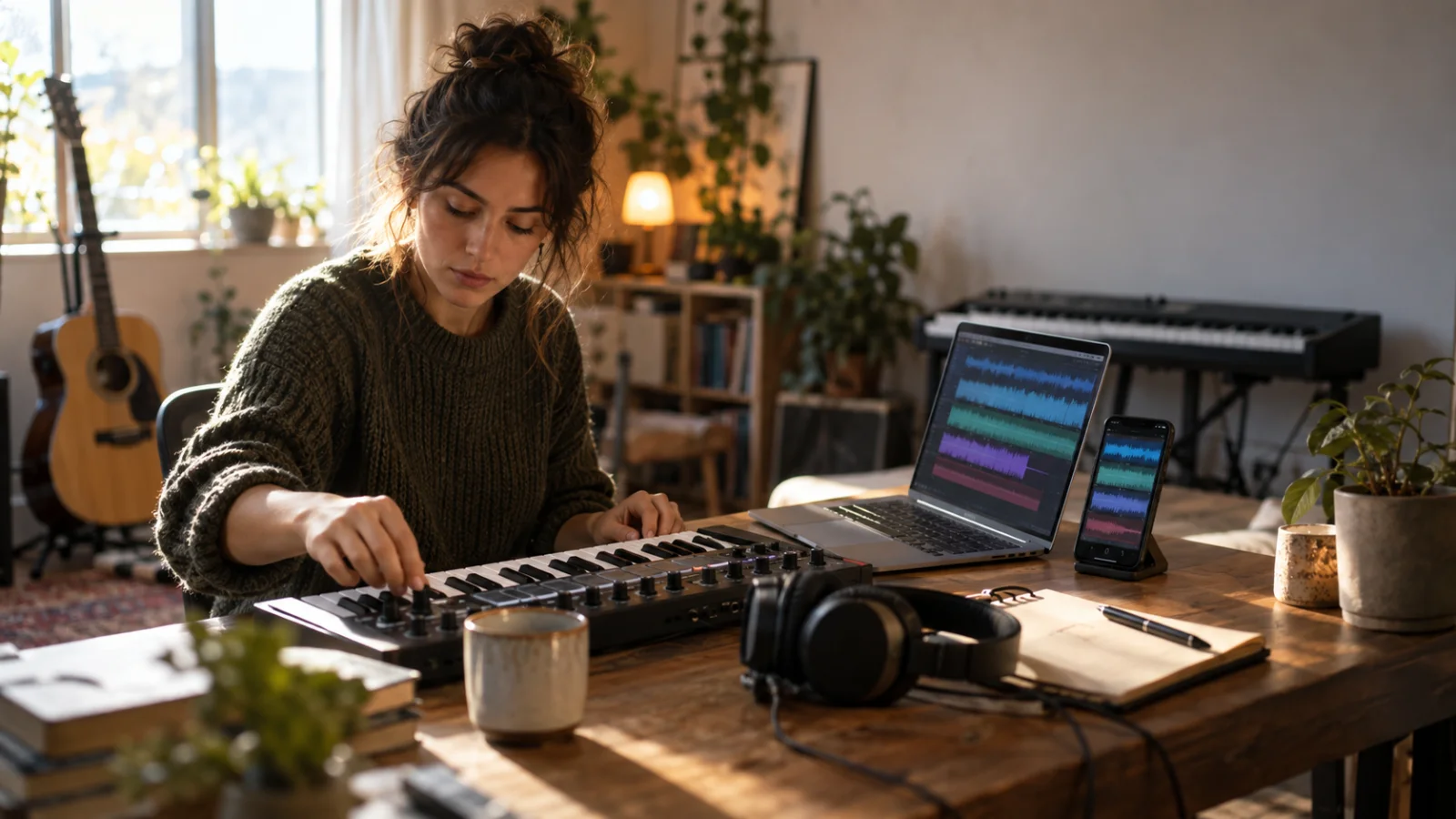 Compositor que munta una maqueta multipista amb un portàtil i un mòbil, amb un teclat MIDI i uns auriculars a la taula