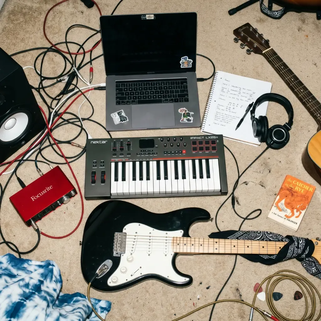 home studio with a computer, guitar, and audio interface